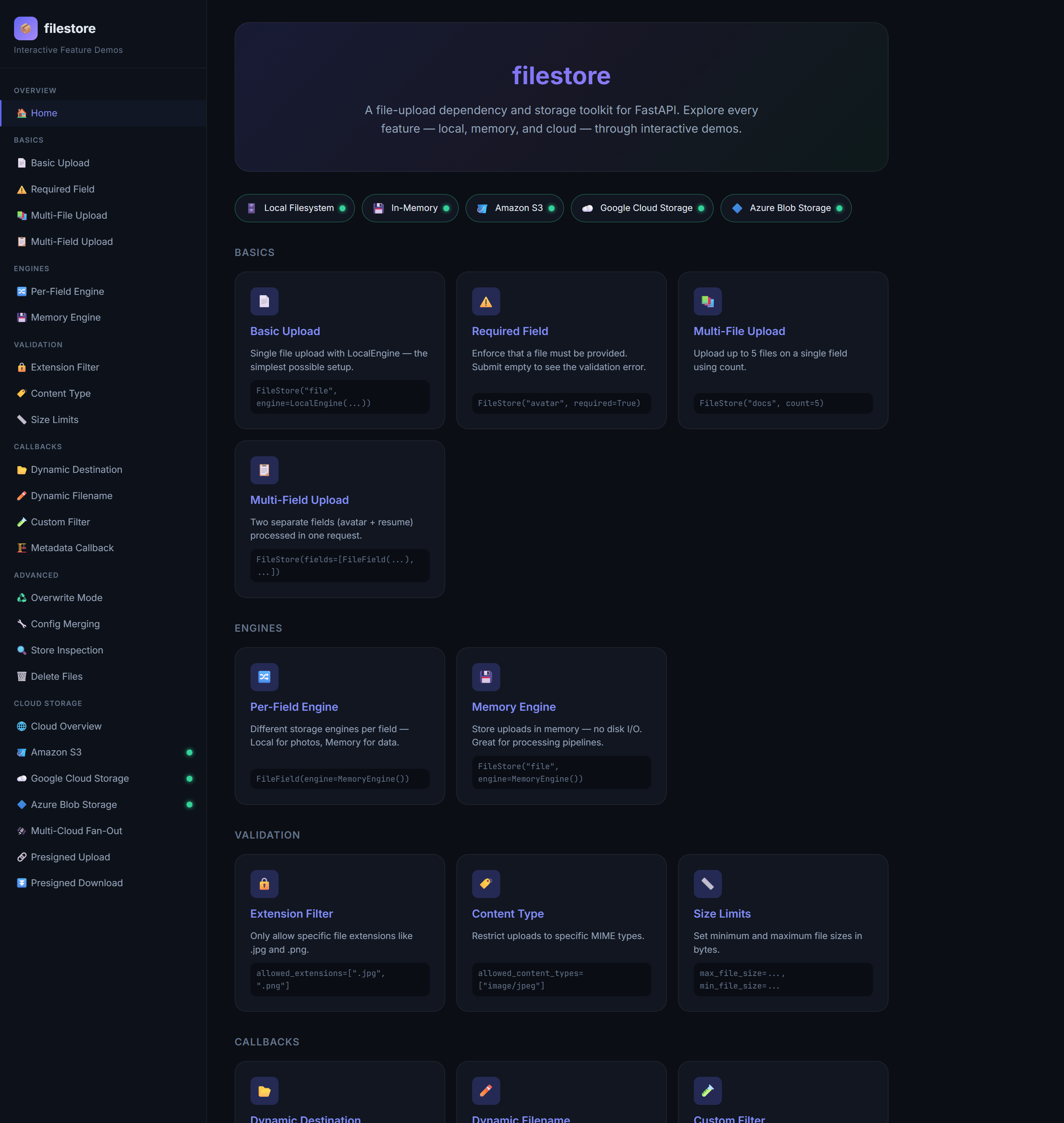 The filestore example app home page