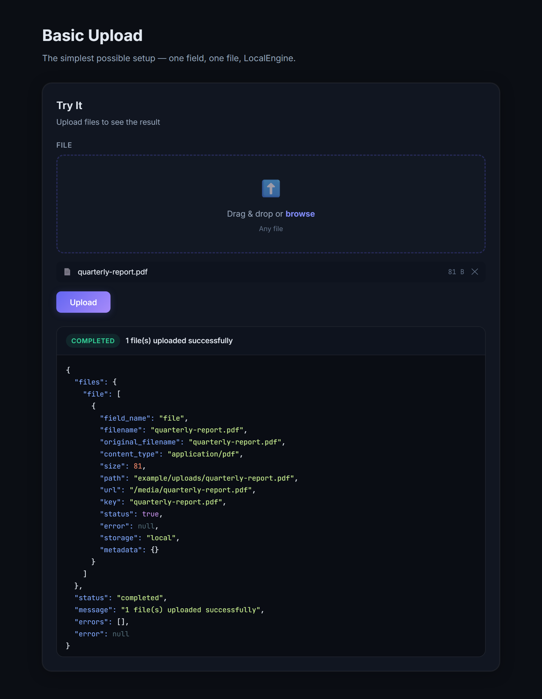 A completed upload result