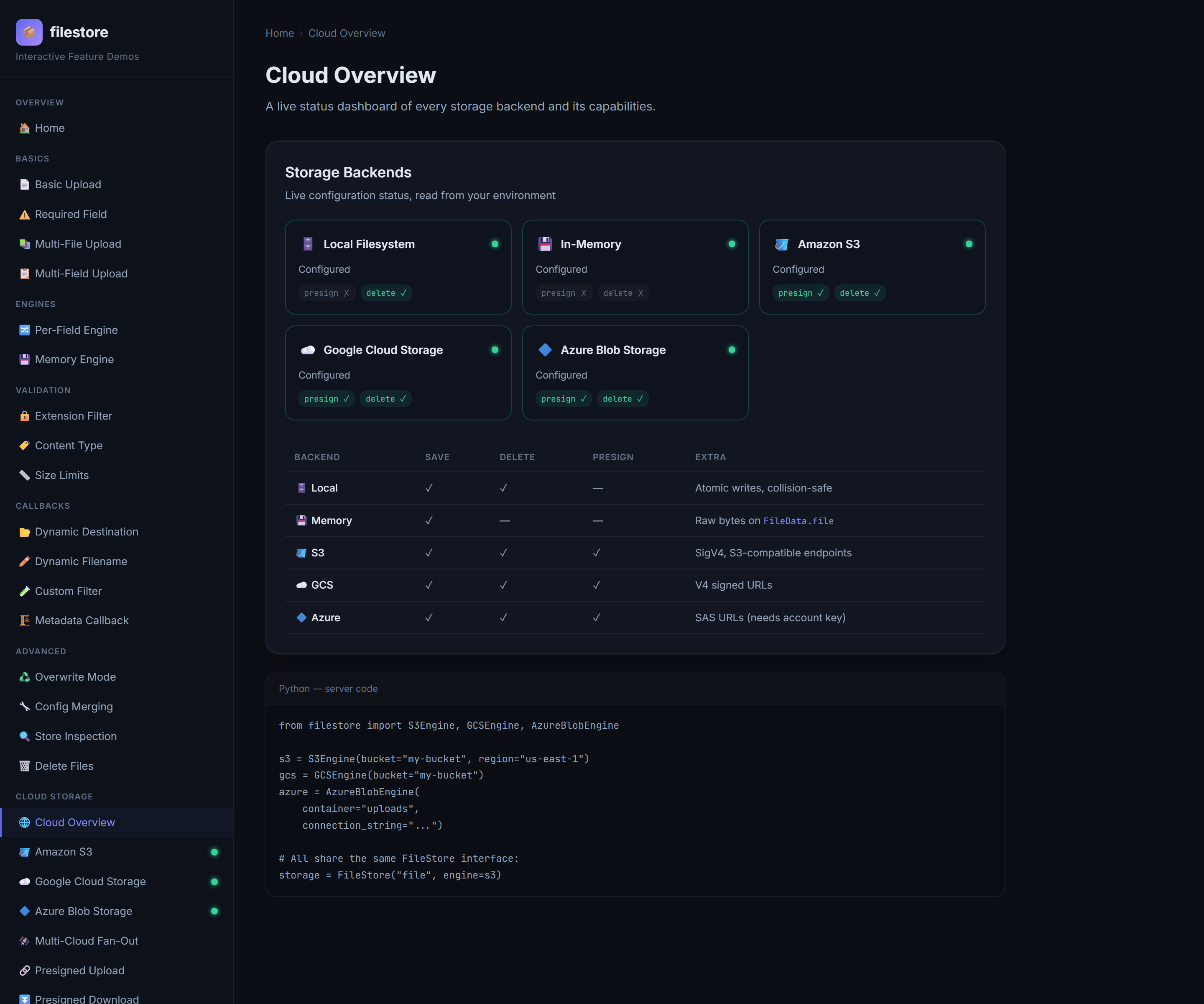 Cloud overview dashboard with capability matrix